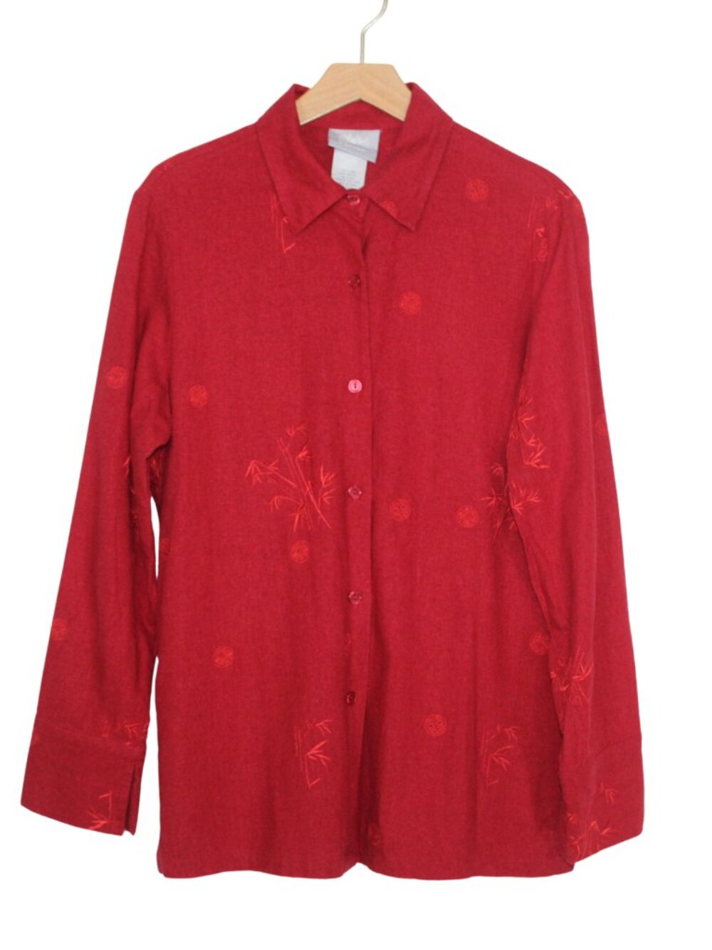 Vtg 90s Blair women's button up M linen blend red Asian inspired embroidered